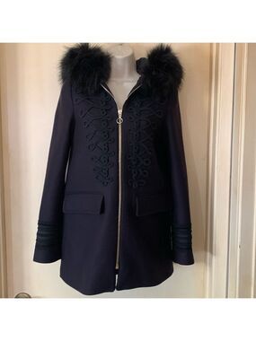 Zara black military style wool jacket with detachable faux fur hood size XS
